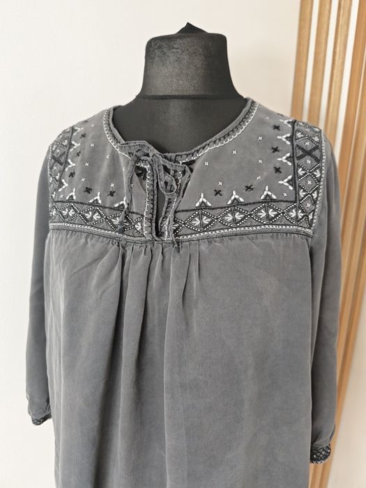 H&M sukienka tunika damska Boho haft lyocell szara rozmiar 46, xxxl