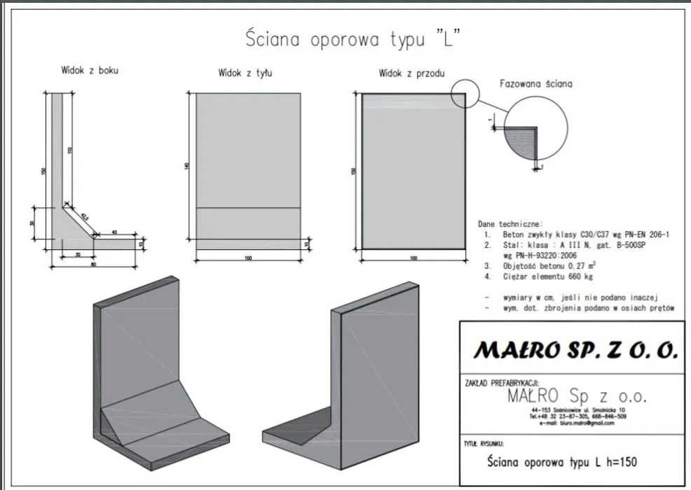 Mur oporowy typu L, mury oporowe elki 150x100 prefabrykat muru