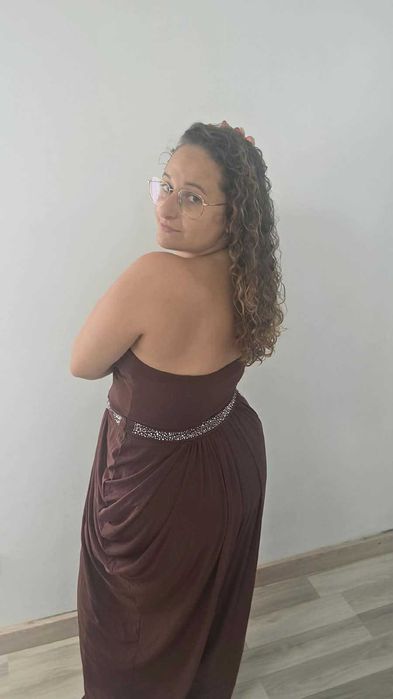 Vestido Comprido Cerimónia Castanho | Lumalex | Cai cai | Cintura com brilhos | Novo | Tamanho L