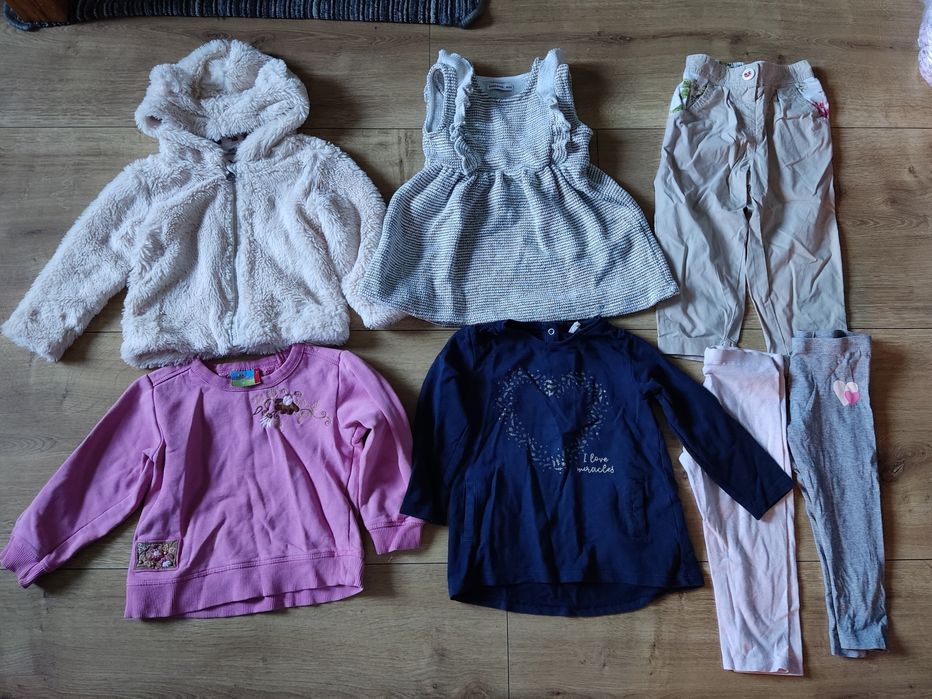 Zestaw 7 ubrań dziewczęcych 92 sweter pluszowy miś sukienka spodnie