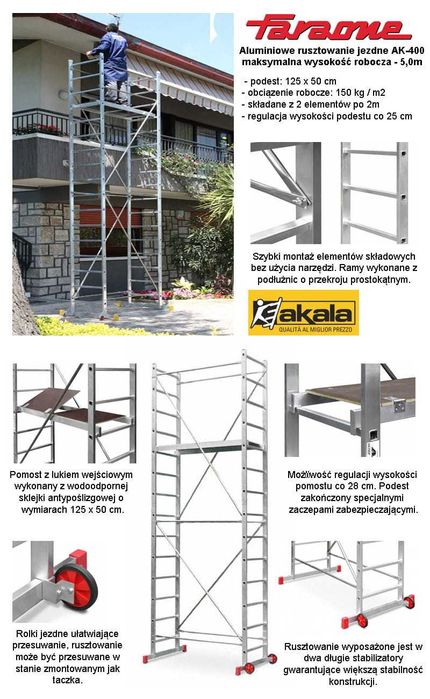 Rusztowanie aluminiowe Faraone przejezdne AK400 wysokość 5m HIT