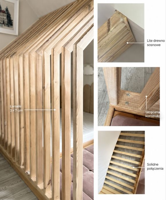 Łóżko dziecięce domek 90×160 z materacem FDM i panelami – lite drewno