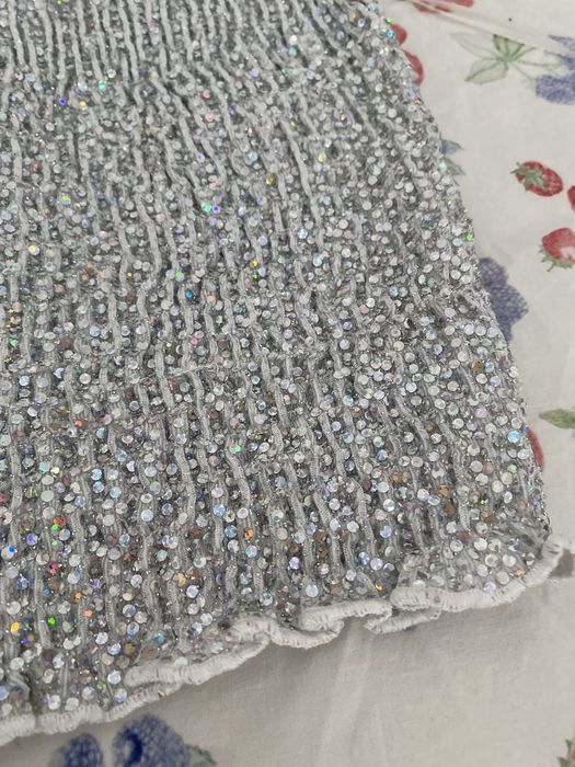 Top cropped Bershka com lantejoulas prateadas, franzido, L, novo