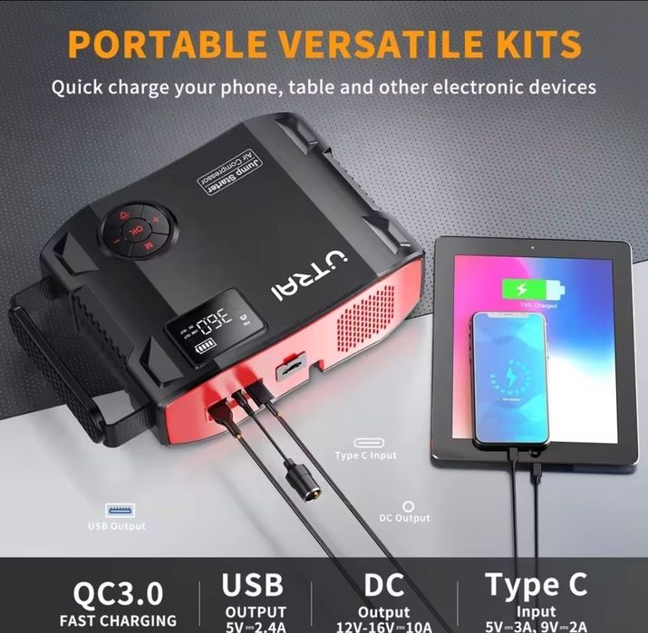 Urządzenie rozruchowe UTRAI, nowe 4 2000A, 16000mAh, z kompresorem