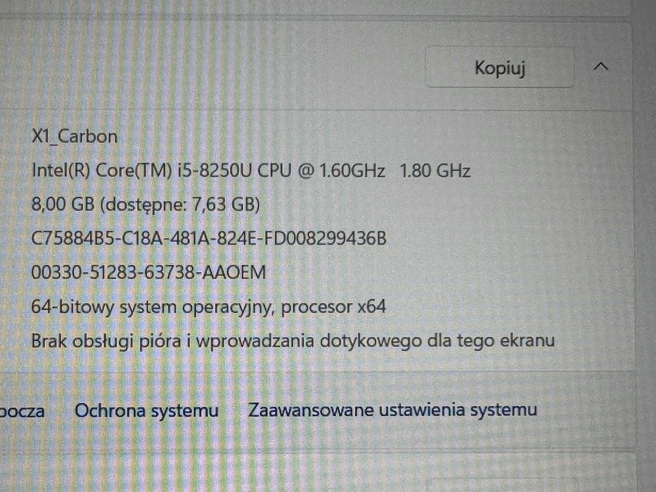 Lenovo ThinkPad Carbon X1 G6 i5-8250U 8GB 256 Win11 PRO 14" FHD
