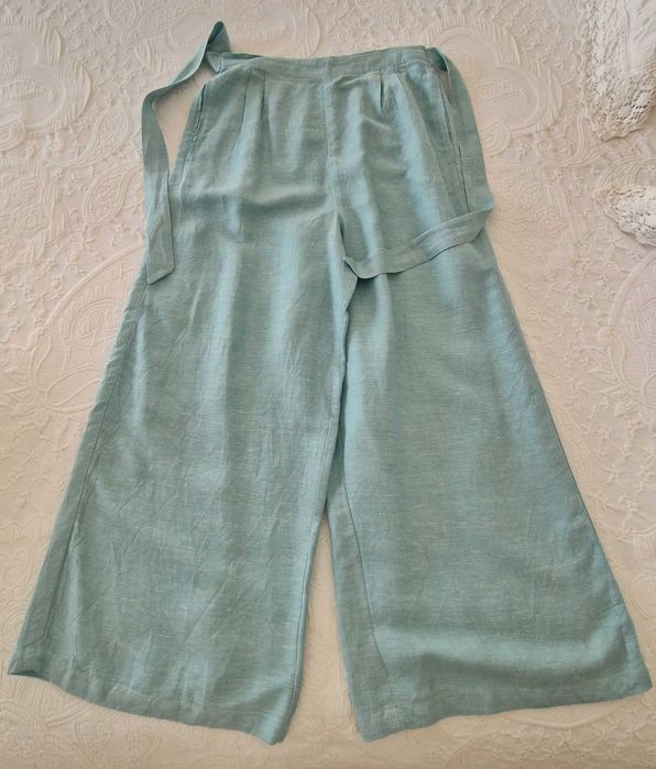 Calças de linho azul claras, tamanho 38