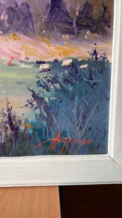 Картина масло холст Андрусяк пейзаж "Карпати при заході сонця" гори