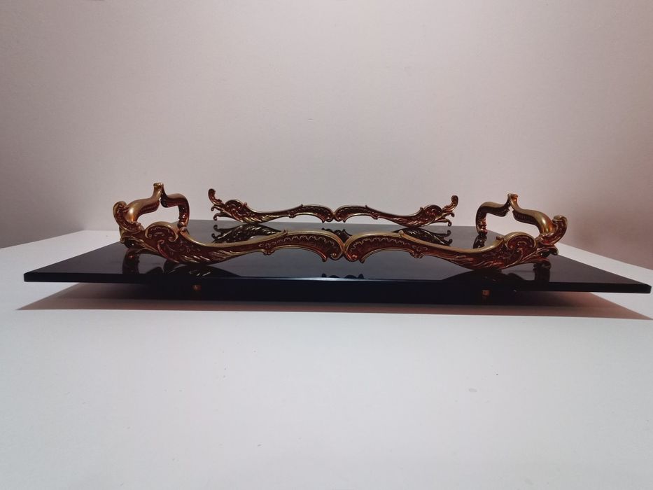 Antique tray with black glass and bronze