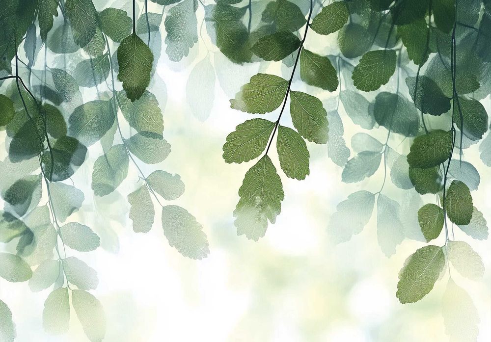 Fototapeta Zielone Opadające Liście Biel Zieleń Boho Natura 3D + KLEJ