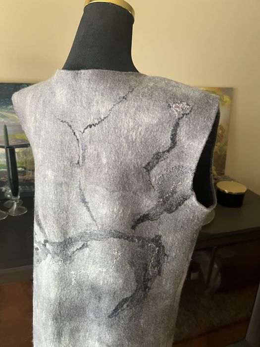 Fioletowa, szara, wełniana, długa kamizelka, wełna, filc