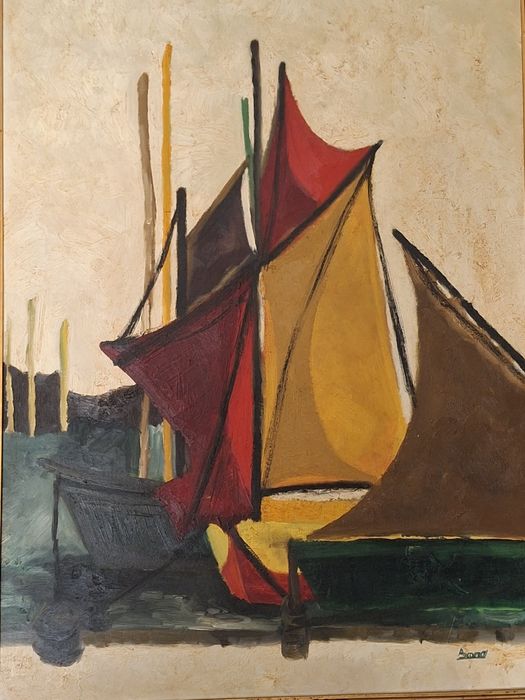 Barcos excelente grande quadro tela a oleo  emoldurado 102 x 75