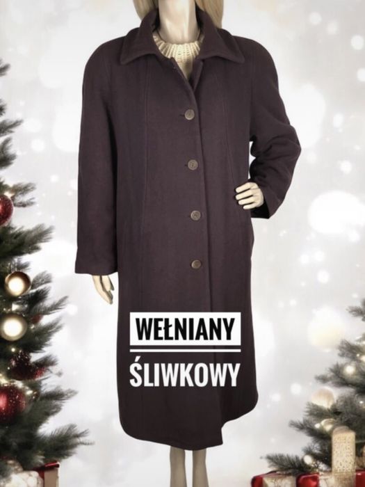 Śliwkowy wełniany długi zimowy plaszcz damski na swięta prezent XXL