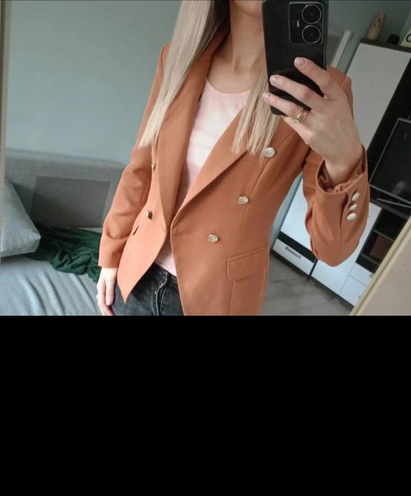 Brązowa ruda marynarka żakiet S 36 elegancka jesień klapy