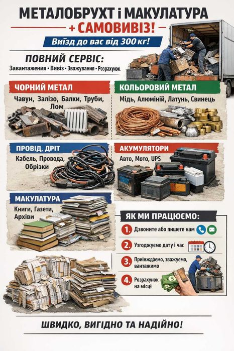 Прием залізо железо алюминий прийом самовивіз металобрухт макулатура акб провода кабель медь мідь аккумулятор алюміній металлолом латунь книги книжки