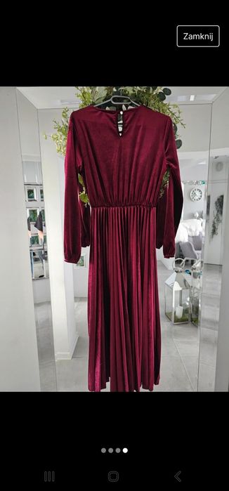 Bordowa sukienka welurowa z plisowana spódnicą rozm. Uni