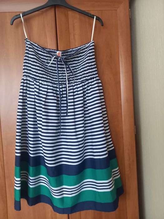 Letnia sukienka bez naramek biało granatowe paski made in India r.40