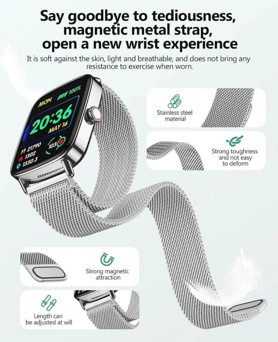 Смарт годинник Smart Watch Fitpolo IDW28 Silver, 1.85” HD дисплей, Bluetooth дзвінки, 100+ режимів, IP68. Металевий ремінець.