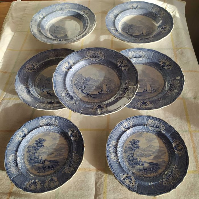 Raridade 1836 7pratos Davenport Caledonia English Ironstone Blue&White