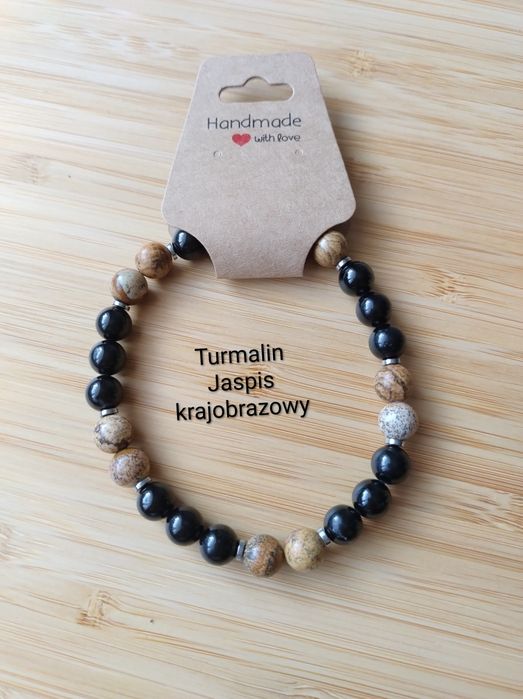 Bransoletka czarny turmalin i jaspis krajobrazowy