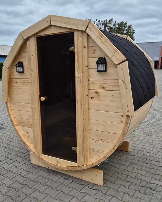 SAUNA OGRODOWA z piecem HARVIA, 1,5x2m, producent, balia, beczka