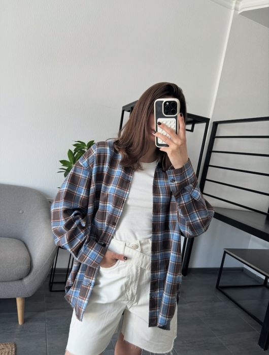 Трендова сорочка шоколад з синім в клітинку, картата сорочка коричнева