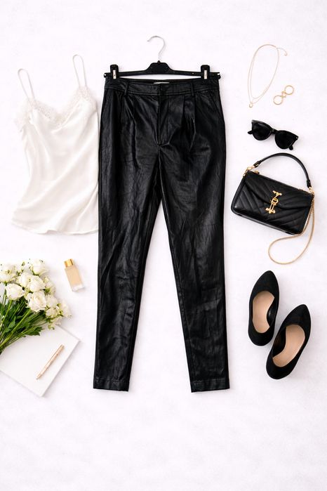 Czarne spodnie skórzane z zakładkami M 38