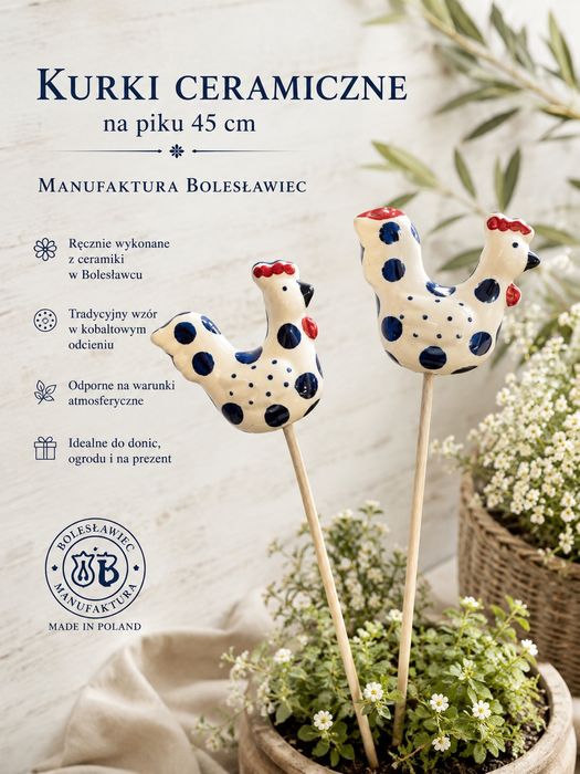 Kogucik ceramiczny kurka na piku dekoracja ceramika Bolesławiec