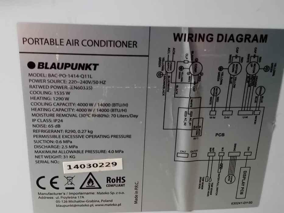 Blaupunkt  ARRIFANA 1414L - przenośny klimatyzator