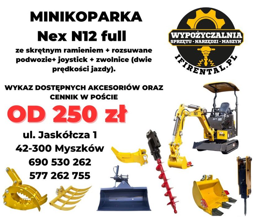 Wynajem koparka łyżki wiertnica chwytak glebogryzarka niwelator