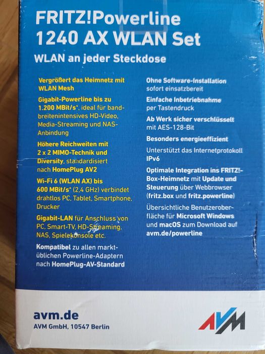 Do sieci WIFI zestaw Powerline 1240 AX 1200 Mbit/s 2x Avm Fritz Lan WIFI6