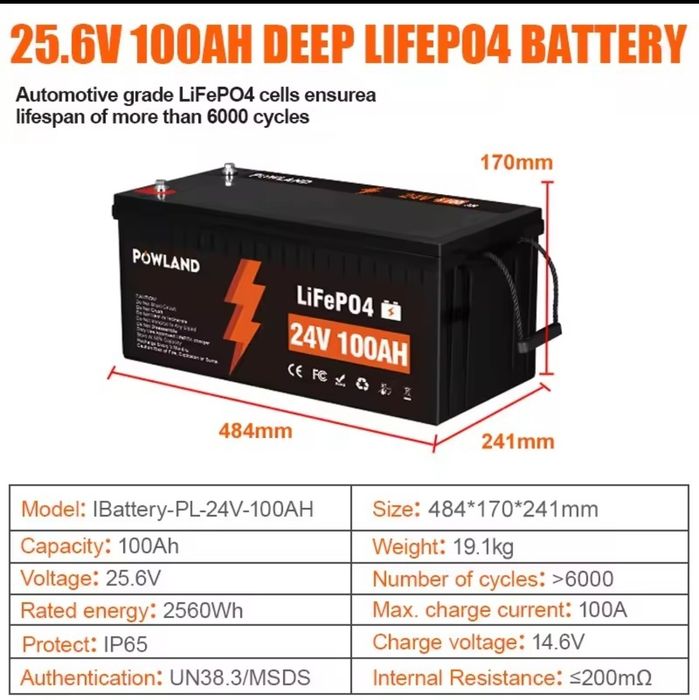 24в 100аг  LifePo4 Акумулятор 24V 100Ah Powland (2560wh) LifePo4