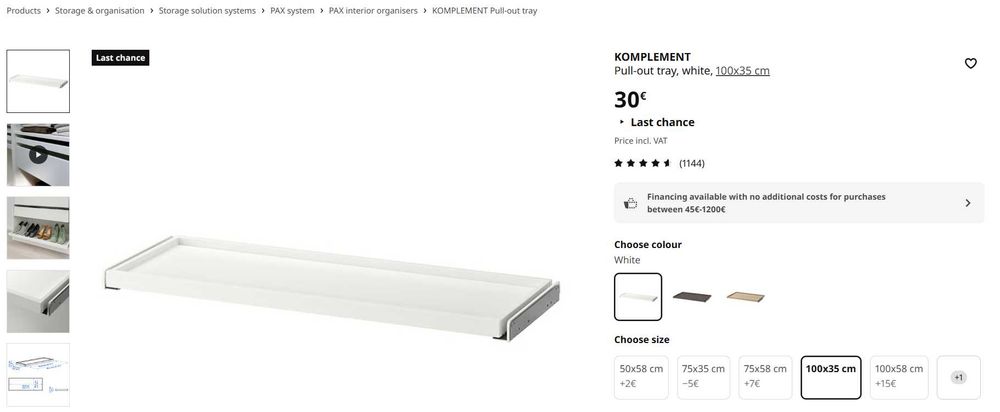 IKEA KOMPLEMENT ( PAX ) Tabuleiro extraível / Pull-out tray 100x35 cm