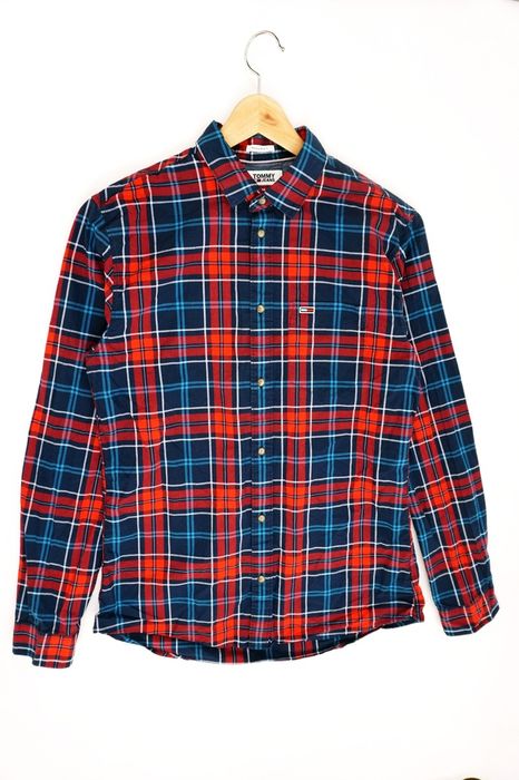 O84 bawełna koszula męska Tommy Hilfiger slim krata czerwona M