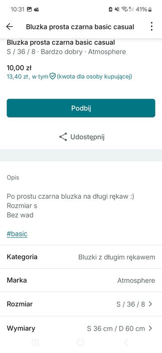 Czarna bluzka s basic prosta casual na codzień długi rękaw elastyczna