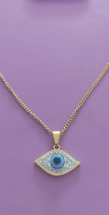 Colar dourado, em aço, com olho Turco azul