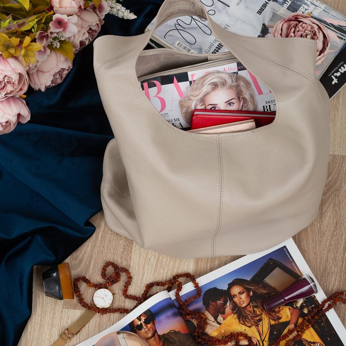 VERA PELLE torebka skórzana worek na ramię z saszetką V517 j.beżowa