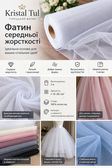 Фатин середньої жорсткості, ФАТИН KRISTAL TUL 3 МЕТРИ ОПТОМ І В РОЗДРІБ