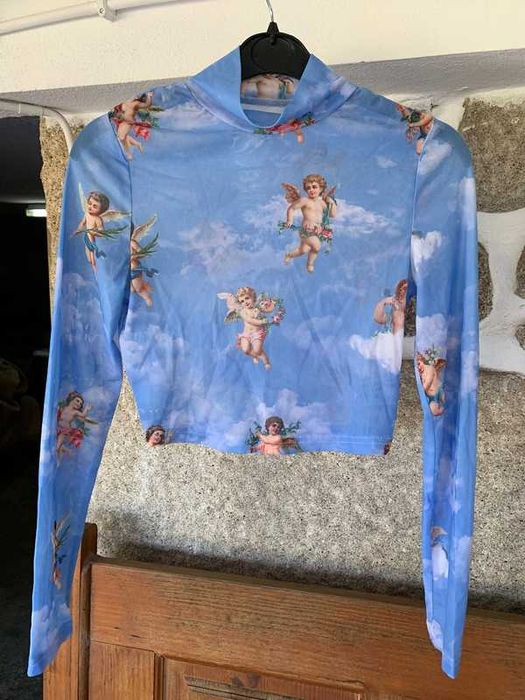 Top azul claro de manga comprida com gola, transparente Shein