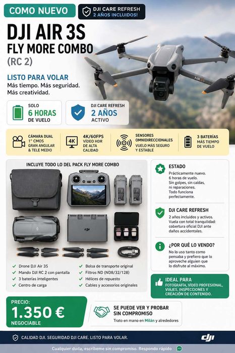 DJI Air 3S Fly More Combo (RC 2) + DJI Care Refresh + Mala Rígida IP67 – Apenas 2 horas de voo