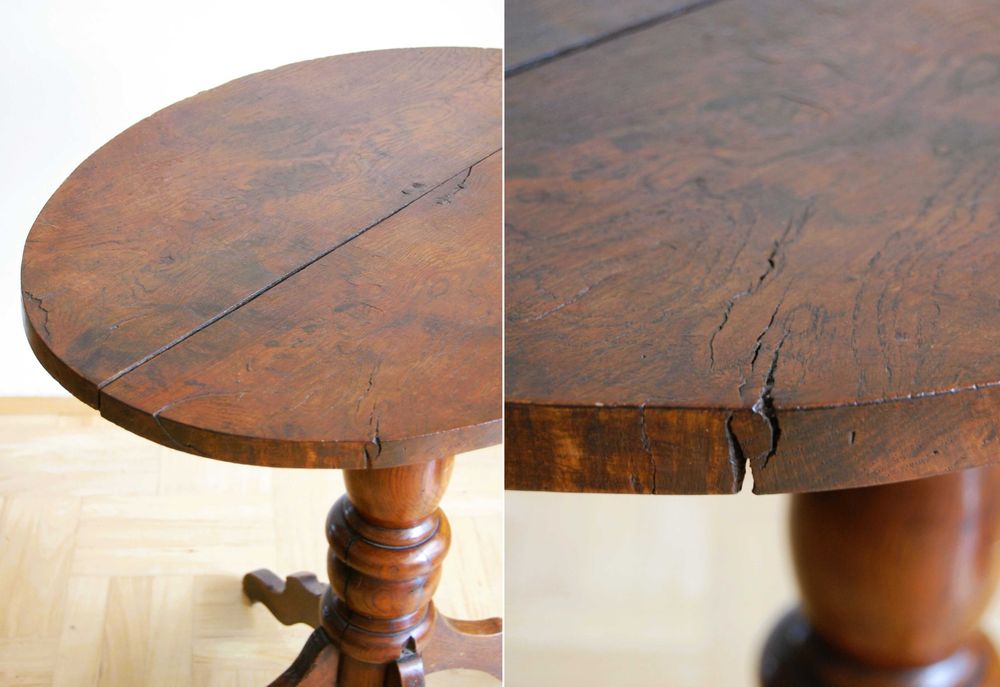 Przedwojenny stolik drewniany, kawowy, na jednej nodze, toczona noga