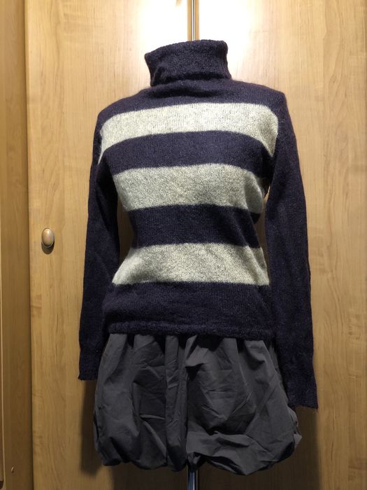 Brązowy welniany sweter golf pasiasty dlugi rękaw 100% welna, roz M-XL