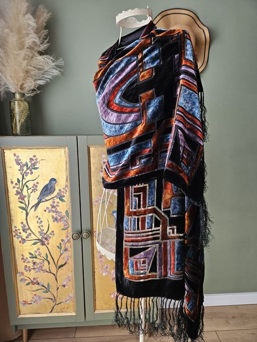 Jedwabny szal damski aksamitny vintage Frangi art deco velur z frędzla