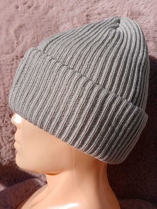 Czapka z wełny Merino 100 % szara z wywinieciem okazja