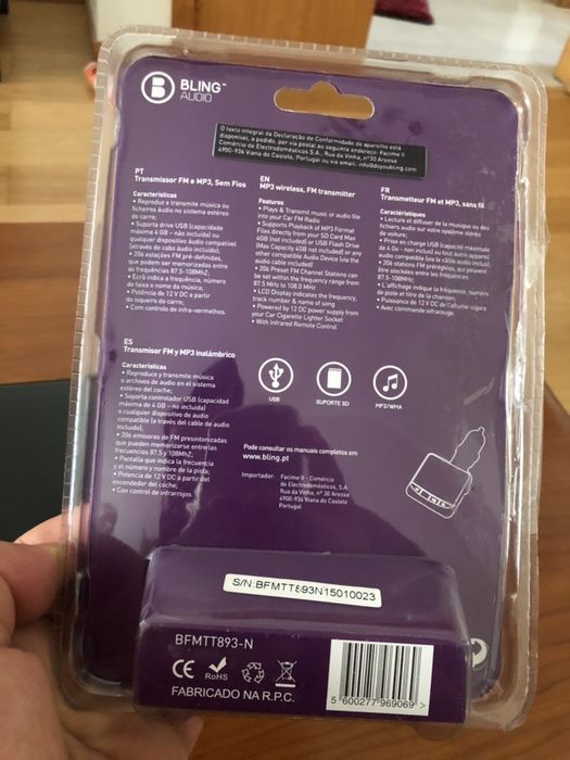 Transmissor FM e MP3 c/USB e jack 3.5