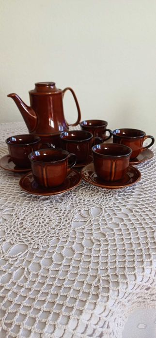 Oryginalny serwis do kawy porcelit, ciemny brąz, lata 70 XX wieku, PRL