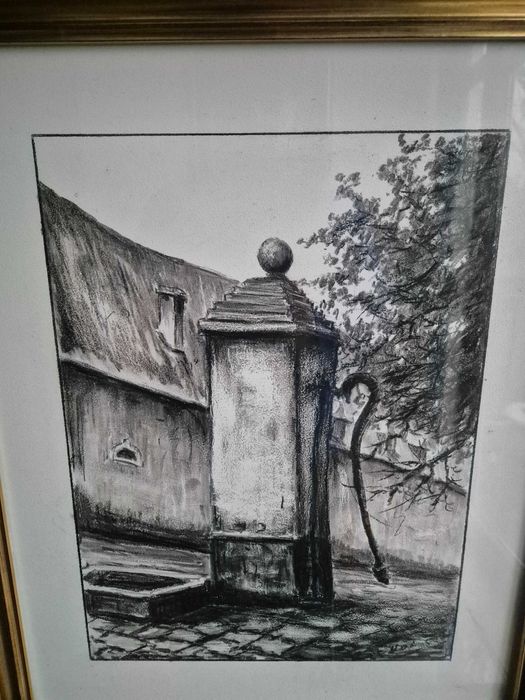 Obraz rysunek pejzaż węgiel ołówek sygnowany Francja studnia antyk