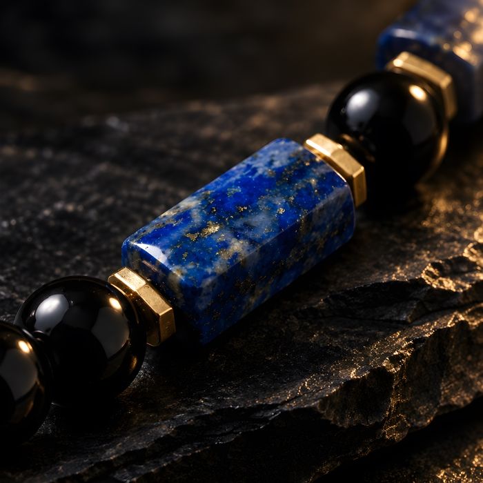 Naszyjnik męski - Lapis Lazuli, Onyks, Hematyt - stal szlachetna - PVD