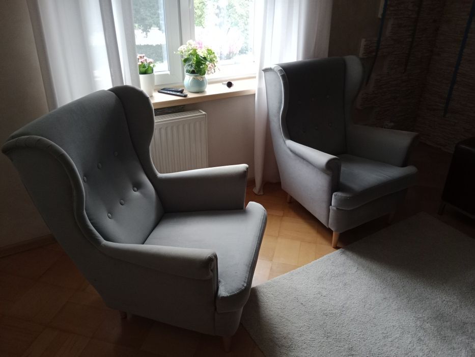 2 fotele uszaki szare + pokrowce ecru