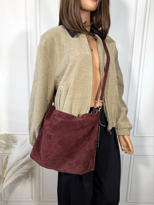 Skórzana shopperka burgundowa miekka zamszowa pakowna Laura Biaggi