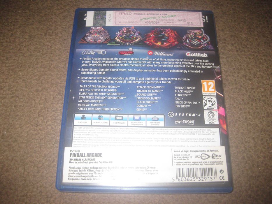Jogo "Pinball Arcade" para a Playstation 4/Impecável!